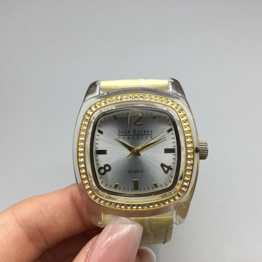 Joan Rivers Womens Watch 38mm Silver Tone Yellow Leather Crystals New Battery